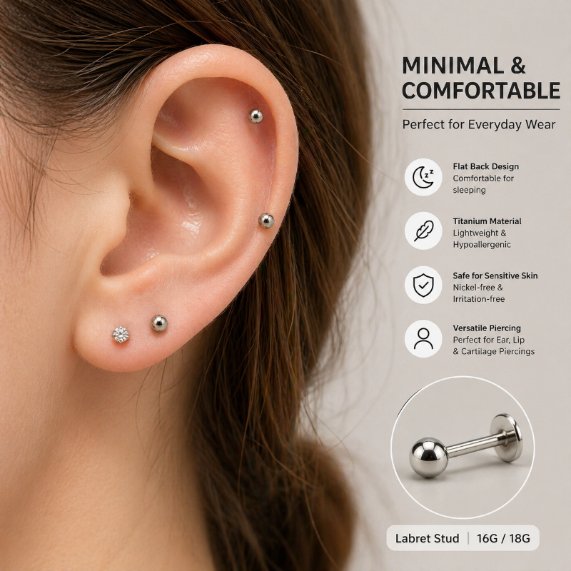 Titanium flat back stud worn on ear cartilage helix piercing