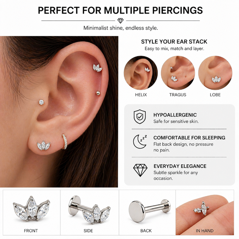 Titanium flat back labret stud earring for multiple piercings, hypoallergenic cartilage earring for helix, tragus and lobe, minimalist CZ jewelry for sensitive skin