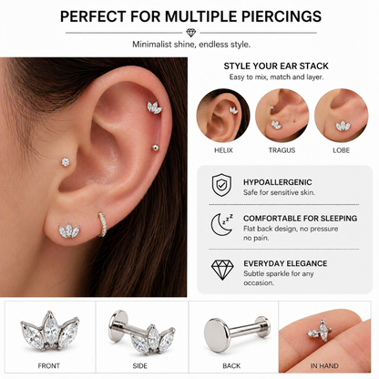 Titanium flat back labret stud earring for multiple piercings, hypoallergenic cartilage earring for helix, tragus and lobe, minimalist CZ jewelry for sensitive skin