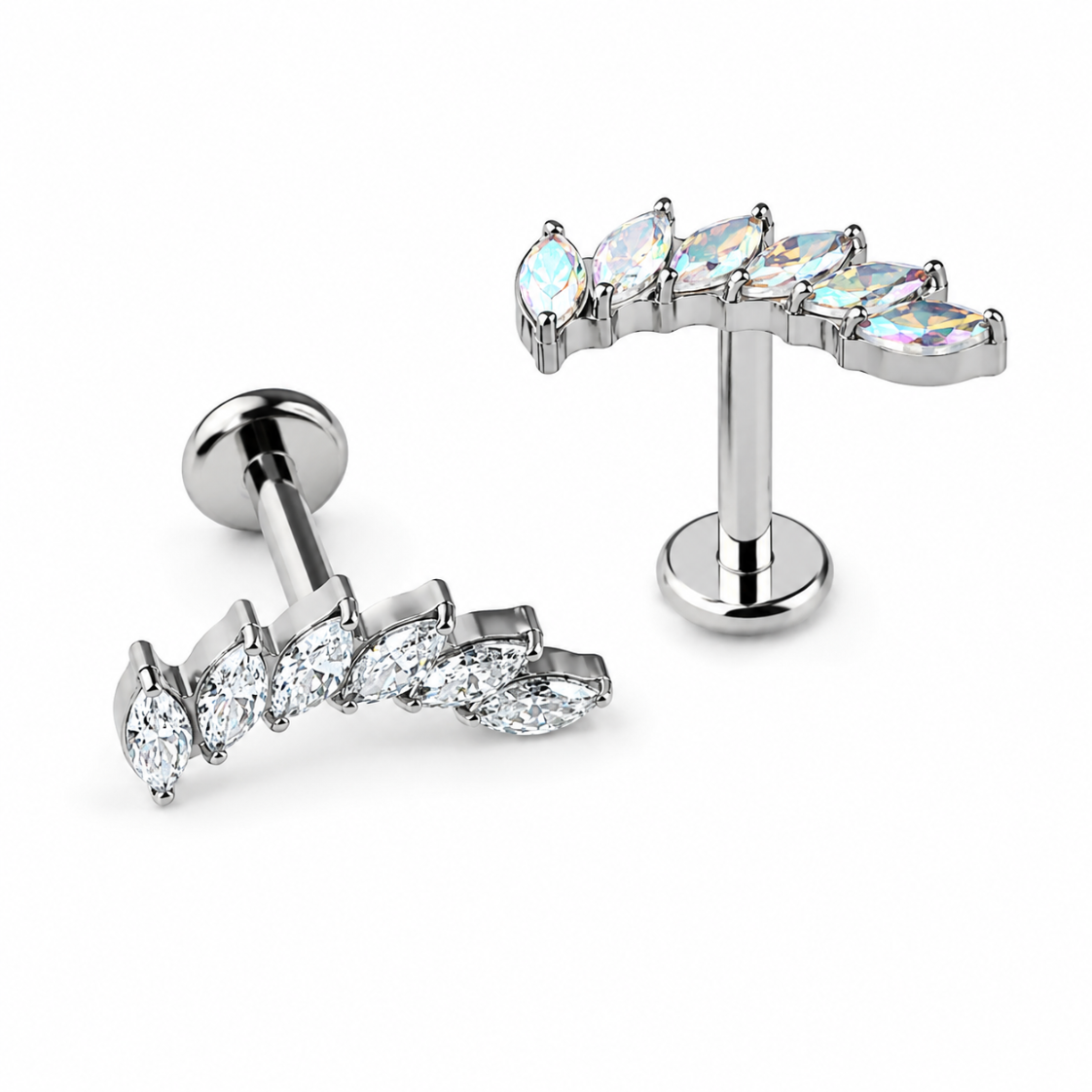 Implant grade titanium marquise CZ flat back stud for helix, cartilage, lobe, and lip piercings on white background