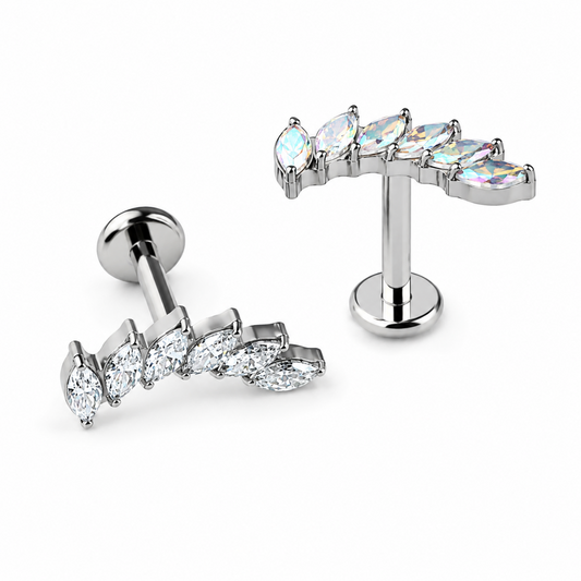 Implant grade titanium marquise CZ flat back stud for helix, cartilage, lobe, and lip piercings on white background