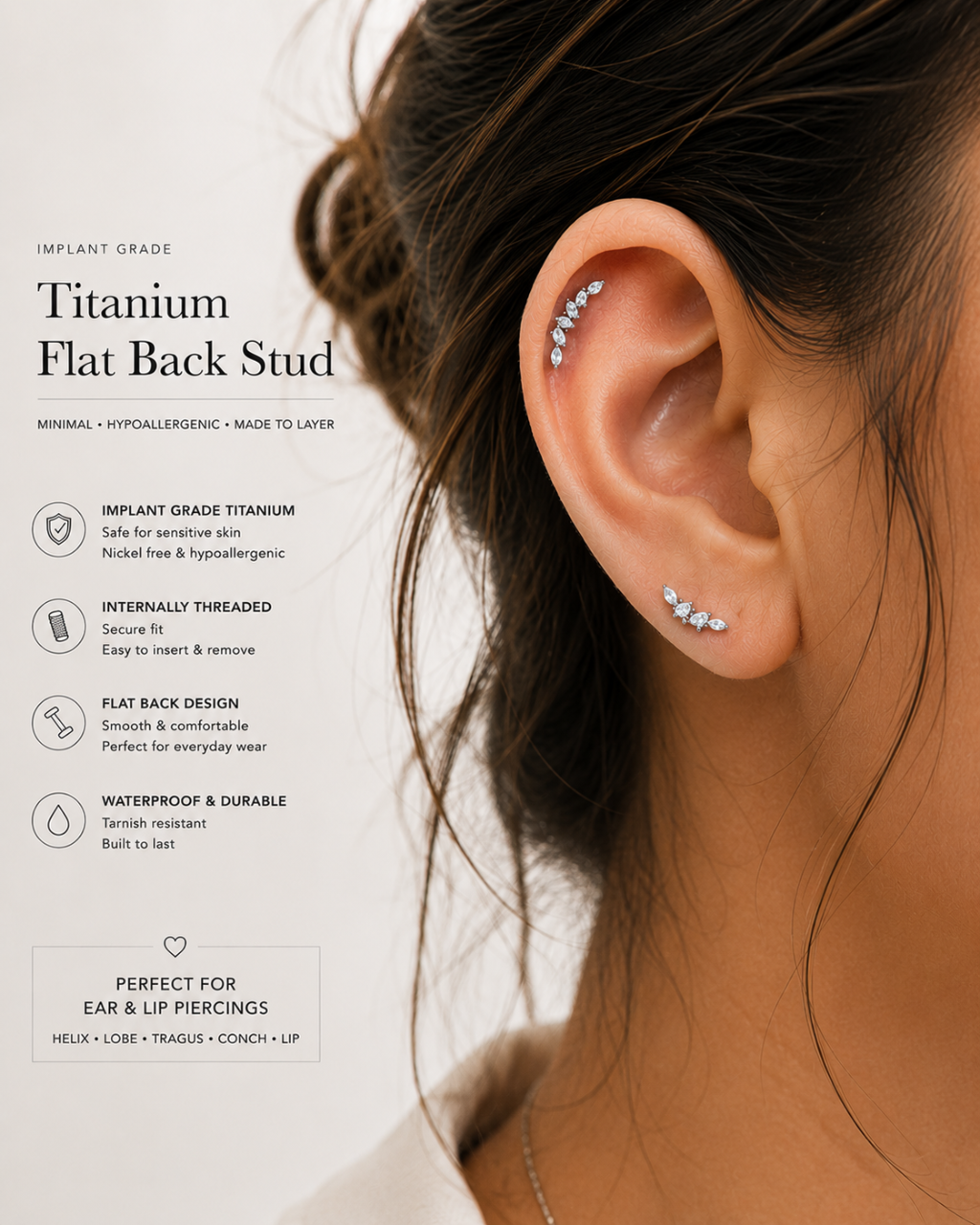 Woman wearing titanium marquise CZ flat back stud in helix piercing with minimalist ear stack styling