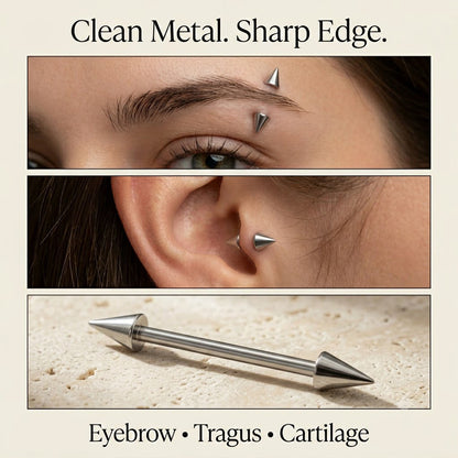 Titanium spike barbell styling collage for eyebrow tragus and cartilage piercings