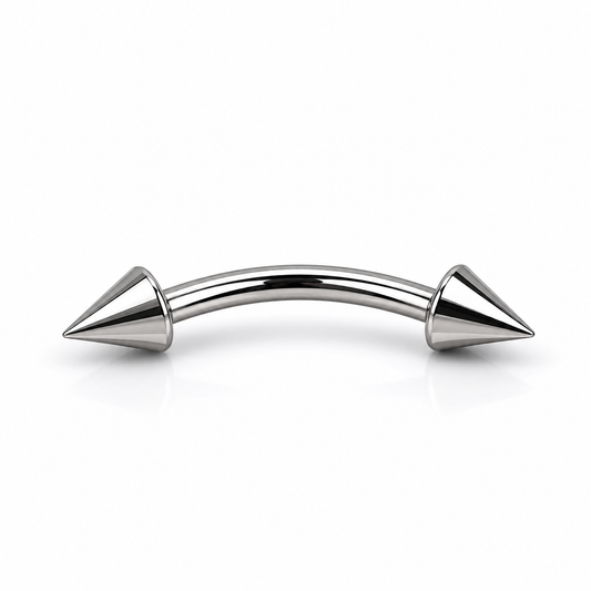 Polished titanium spike curved barbell eyebrow ring on a clean white background