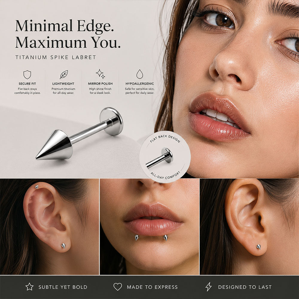 Titanium spike flat back earrings styled in modern ear stack with cartilage and helix piercings