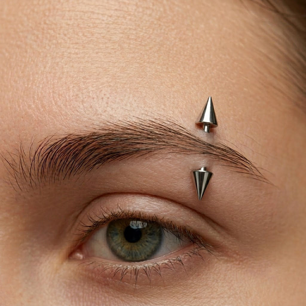 Titanium spike eyebrow ring worn on a healed eyebrow piercing