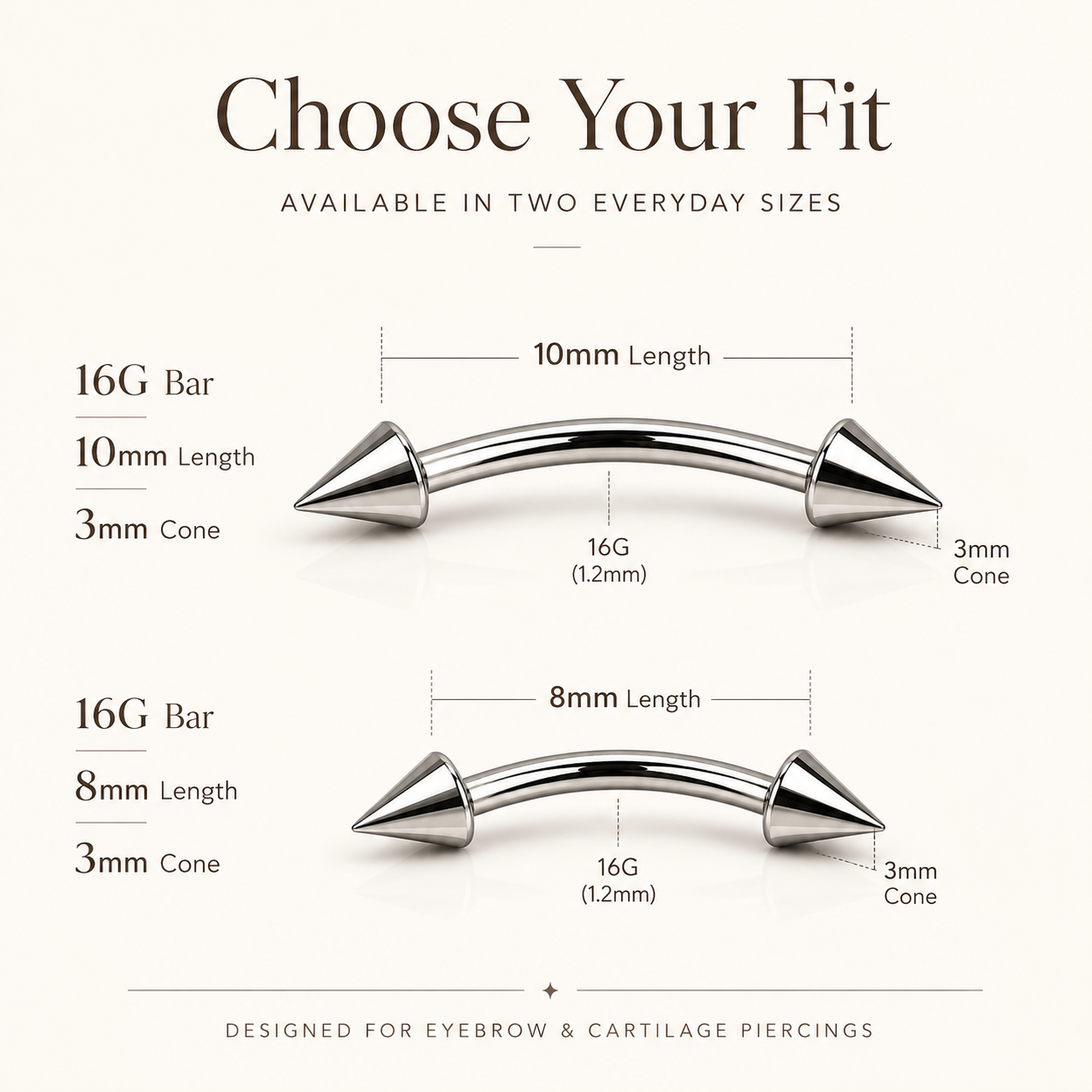 Titanium spike curved barbell size guide showing 16G bar with 8mm and 10mm length options