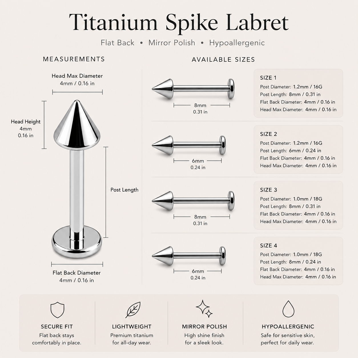Size chart showing titanium spike flat back stud gauge thickness post length and spike dimensions