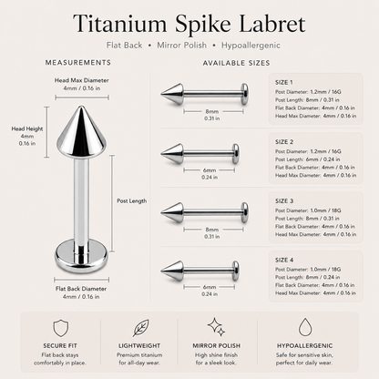 Size chart showing titanium spike flat back stud gauge thickness post length and spike dimensions