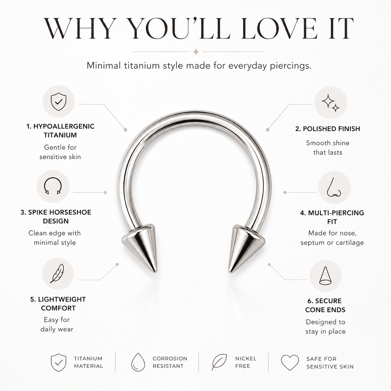 Titanium spike horseshoe nose ring benefits including hypoallergenic titanium, polished finish, secure cone ends and everyday comfort