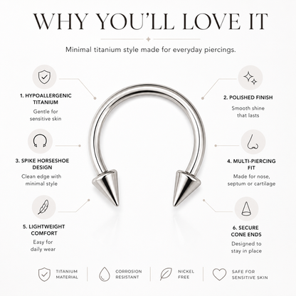 Titanium spike horseshoe nose ring benefits including hypoallergenic titanium, polished finish, secure cone ends and everyday comfort