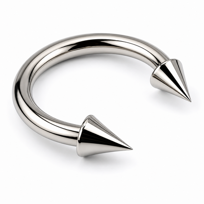 Titanium spike horseshoe nose ring with polished curved bar and cone ends on clean white background