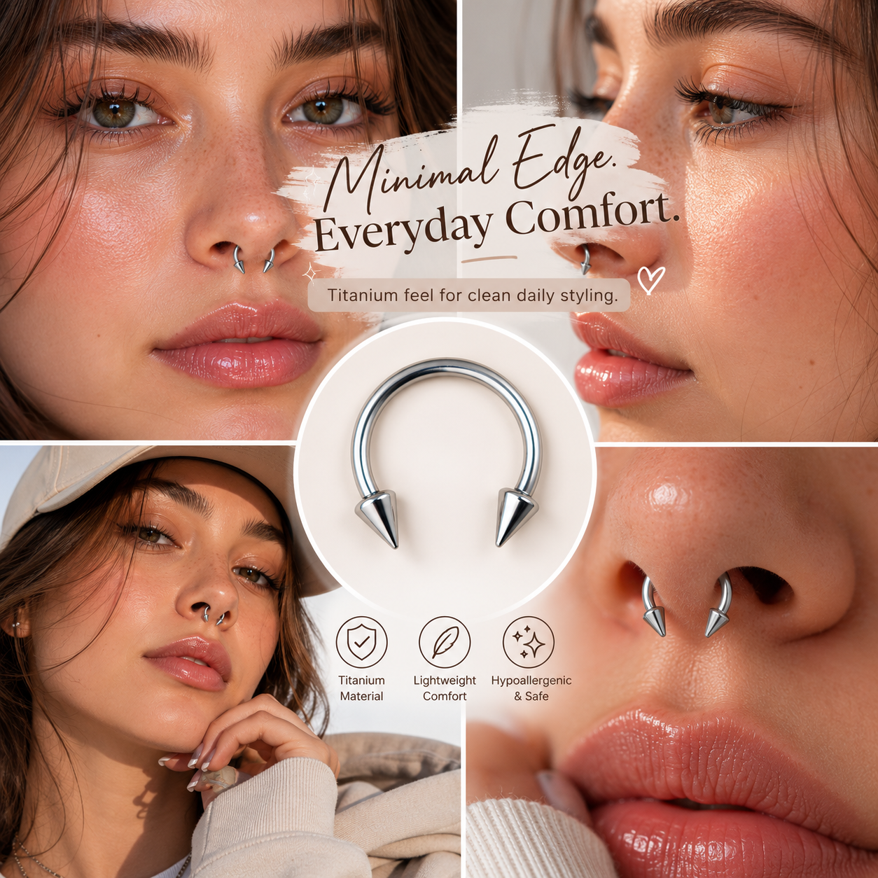 Lifestyle collage showing titanium spike horseshoe nose ring styled for septum, nostril and ear cartilage piercing looks