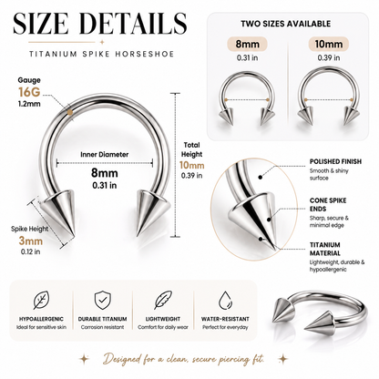 Size guide for titanium spike horseshoe nose ring with curved bar, cone ends, gauge and inner diameter details
