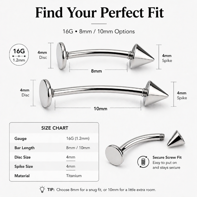 titanium labret stud size chart 16g curved barbell 8mm 10mm spike