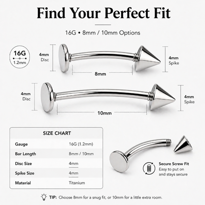 titanium labret stud size chart 16g curved barbell 8mm 10mm spike