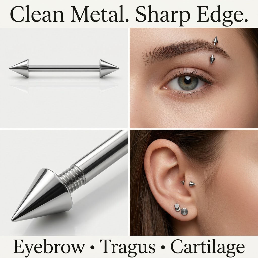 Titanium spike piercing jewelry collage showing eyebrow tragus cartilage and macro details