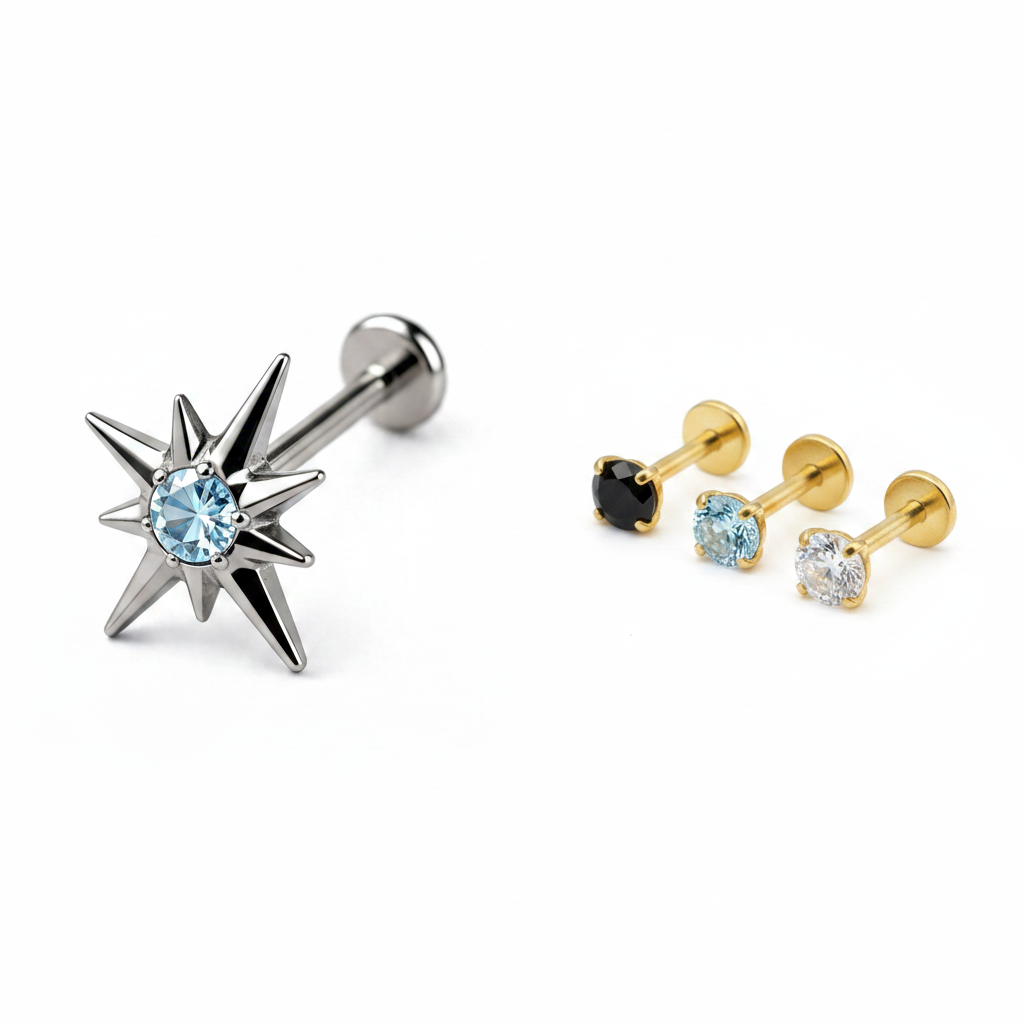 Titanium Star CZ Stud and Gold Flat Back Labret Bundle Set Hypoallergenic Piercing Jewelry

