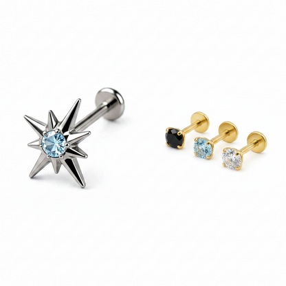 Titanium Star CZ Stud and Gold Flat Back Labret Bundle Set Hypoallergenic Piercing Jewelry
