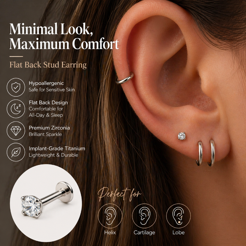 flat back stud earring on ear cartilage helix titanium jewelry
