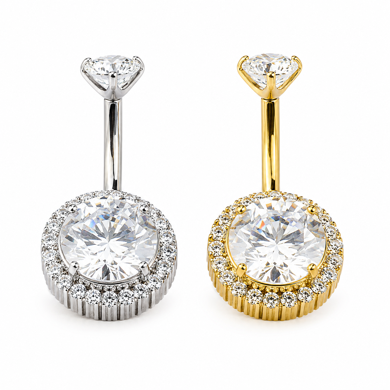 Gold titanium belly button ring with sparkling zircon stones for sensitive skin