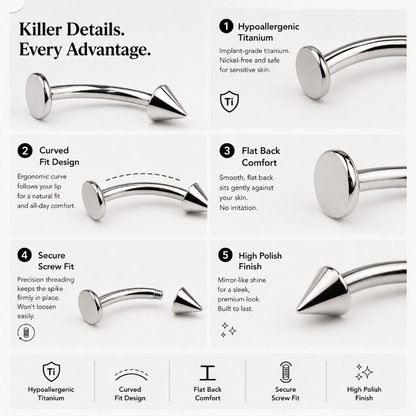 titanium curved spike labret stud features hypoallergenic flat back secure fit