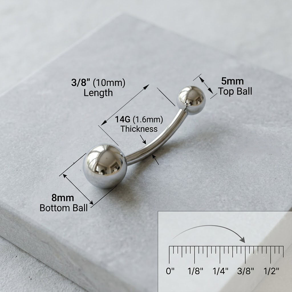 US Standard sizing chart for titanium navel ring: 14G thickness, 3/8 inch length, 5mm top ball, 8mm bottom ball.